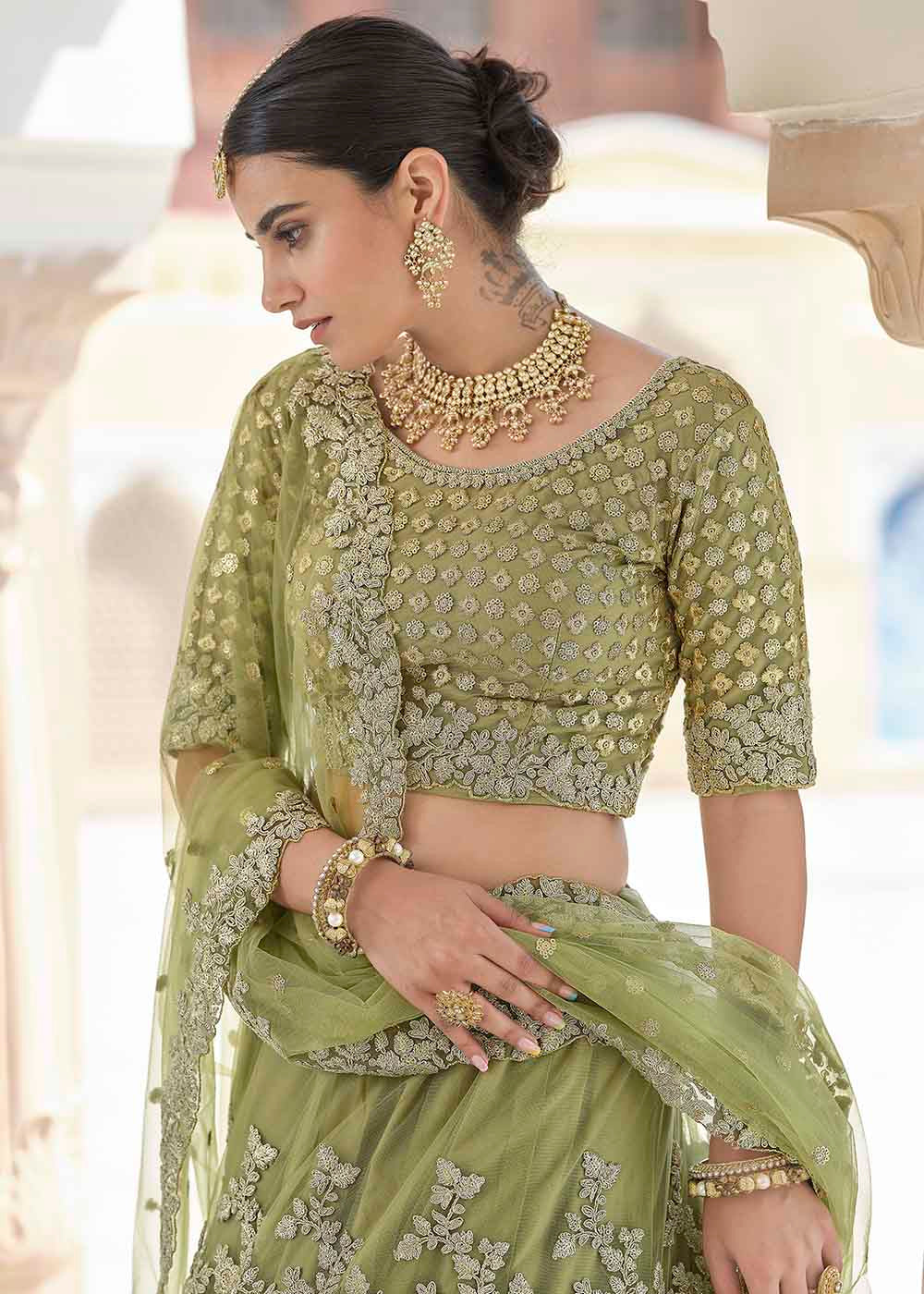 Buy MySilkLove Gold Green Soft Net Designer Lehenga Choli With Dori & Sequins Work Online