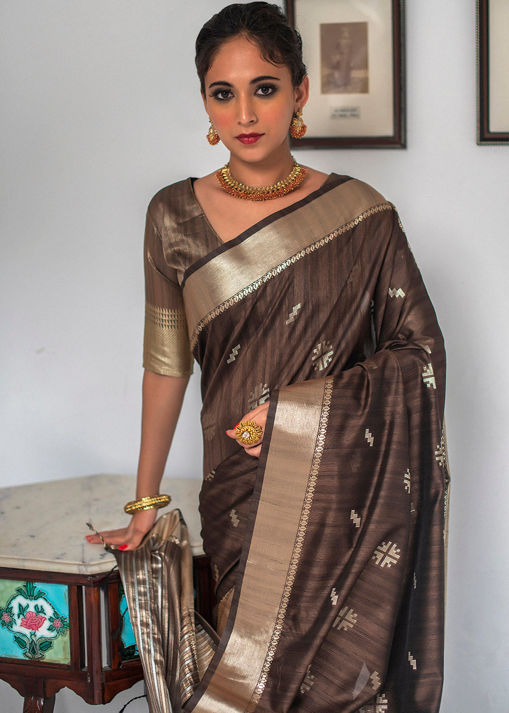 Buy MySilkLove Rock Brown Zari Woven Tussar Silk Saree Online