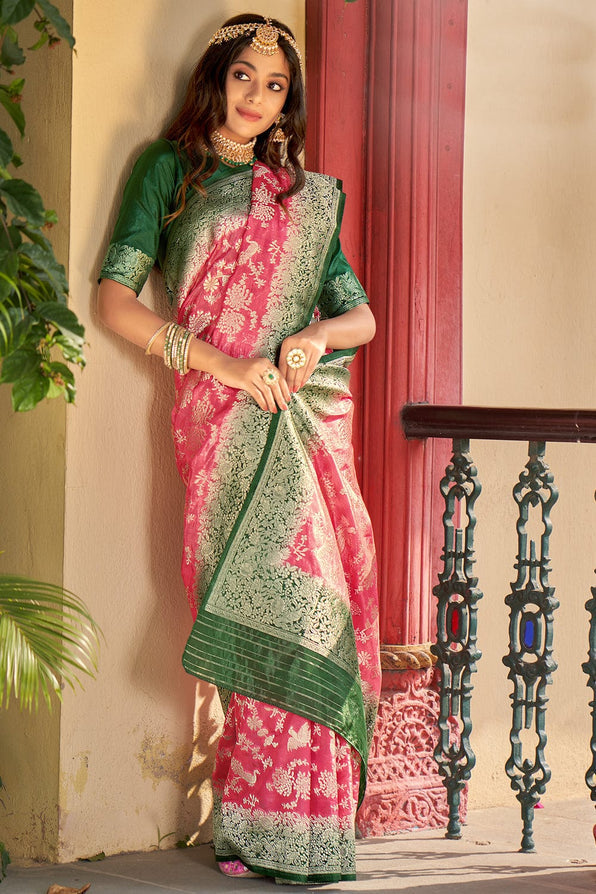 Buy MySilkLove Froly Pink and Green Organza Saree Online