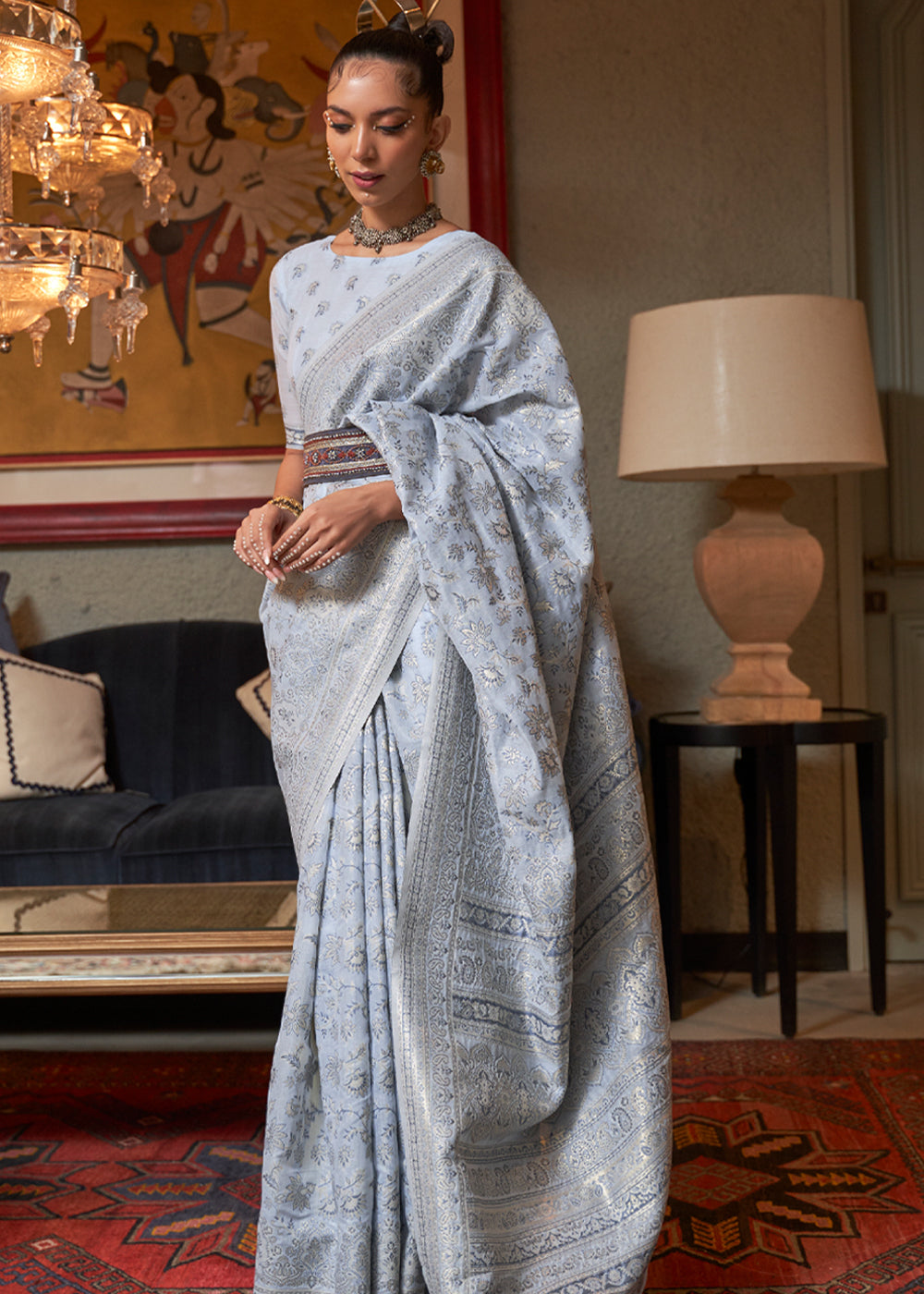 Buy MySilkLove Silver Bluish Woven Kashmiri Jamewr Cotton Silk Saree Online