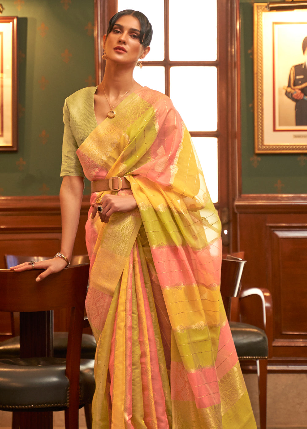 Buy MySilkLove Ronchi Yellow Green and Pink Zari Woven Banarasi Organza Saree Online