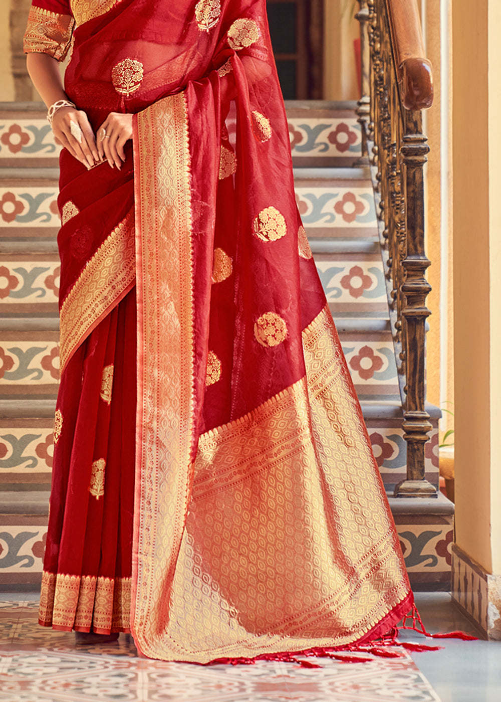 Buy MySilkLove Poppy Red Zari Woven Banarasi Organza Saree Online