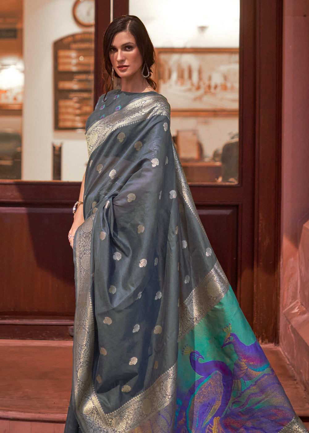 Buy MySilkLove Nevada Grey Zari Woven Banarasi Saree with Peacock Pallu Online