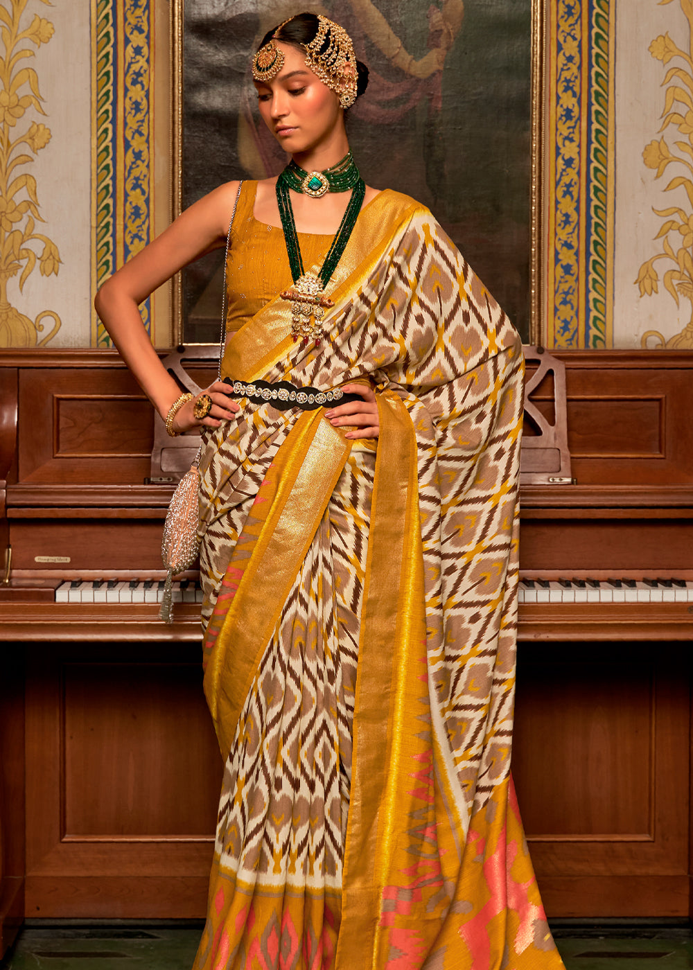 Buy MySilkLove Brandy White and Yellow Patola Silk Saree Online