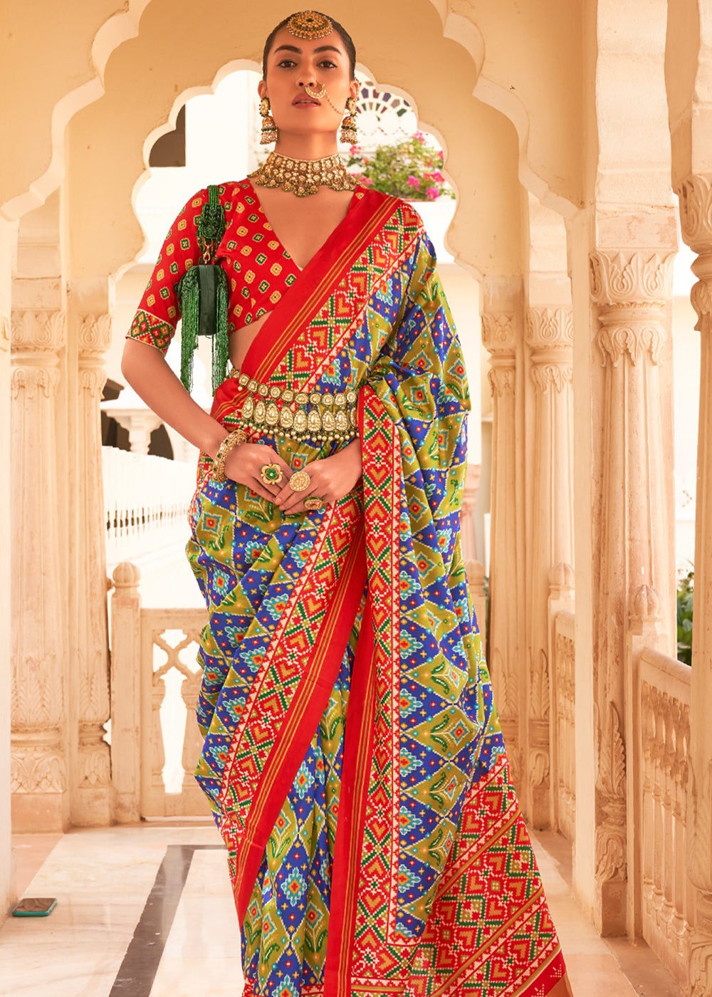 Buy MySilkLove Chambray Blue Green Red Printed Patola Tussar Saree Online