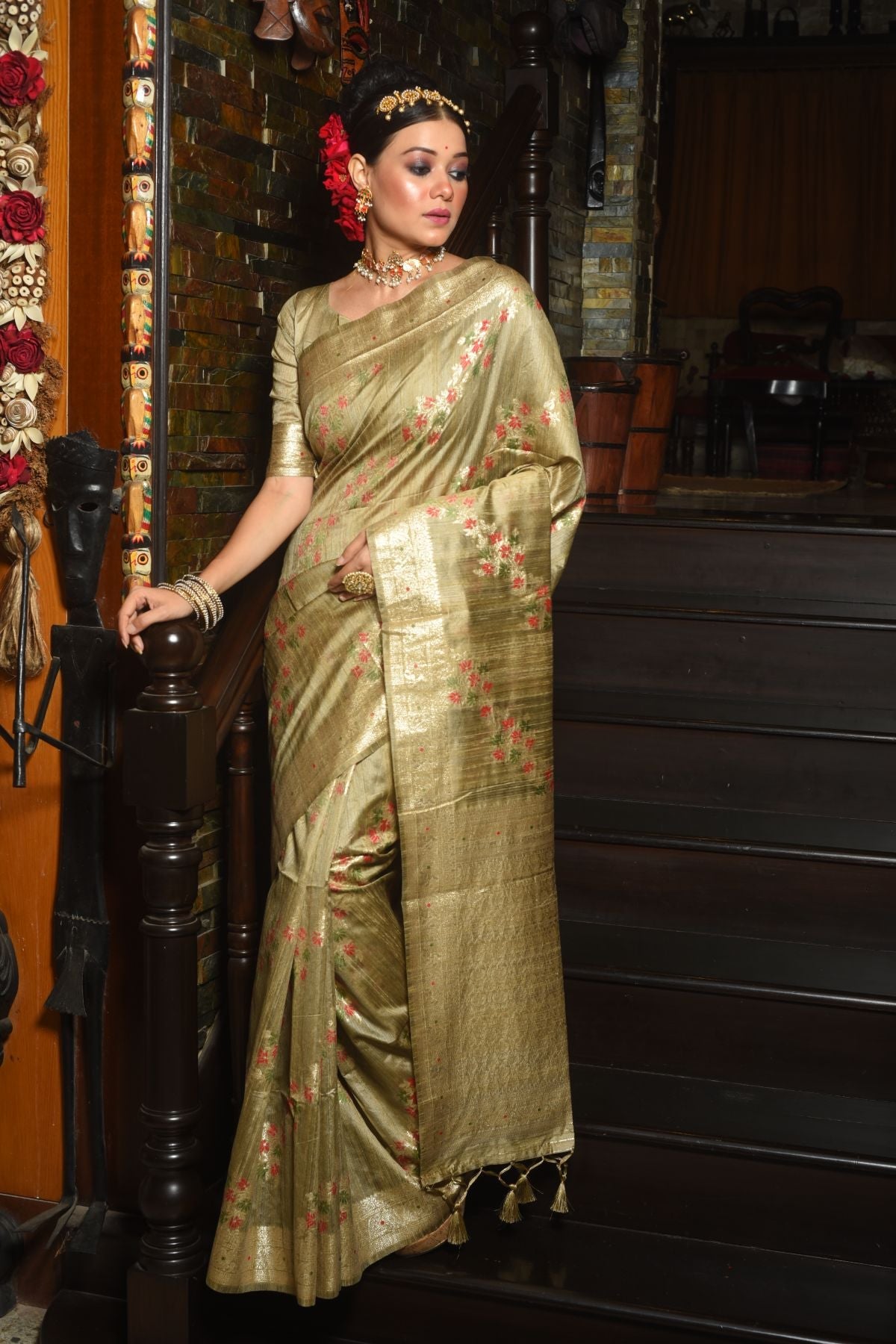 Buy MySilkLove Straw Cream Woven Tussar Silk Saree Online