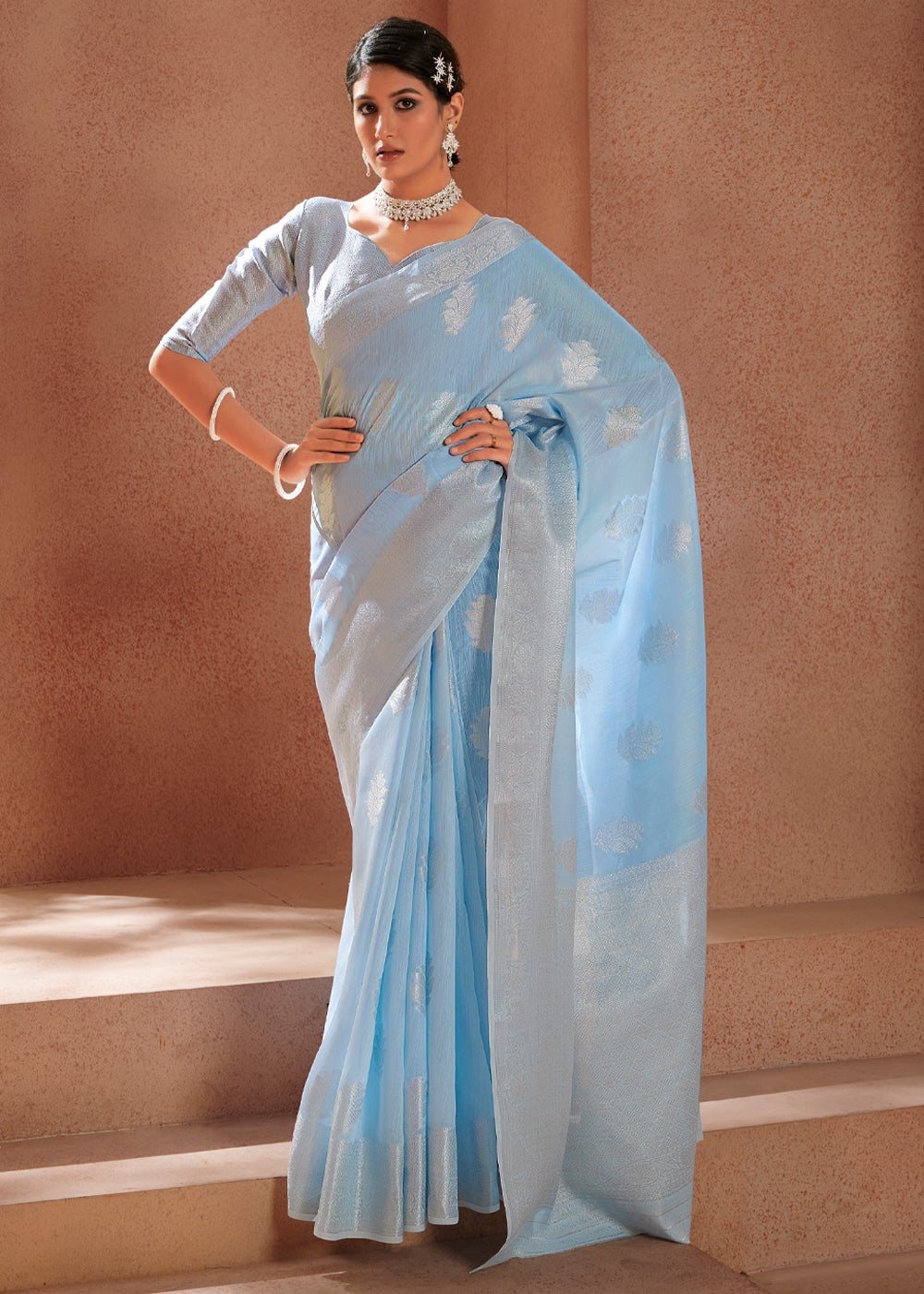 Buy MySilkLove Spindle Blue Zari Woven Banarasi Linen Saree Online