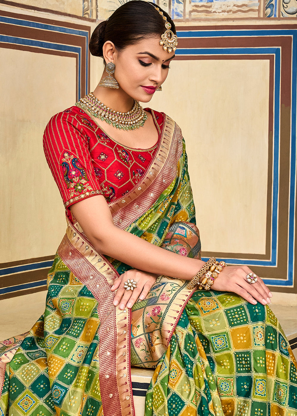 MySilkLove Husk Green and Red Patola Printed Dola Silk Saree With Embroidered Blouse