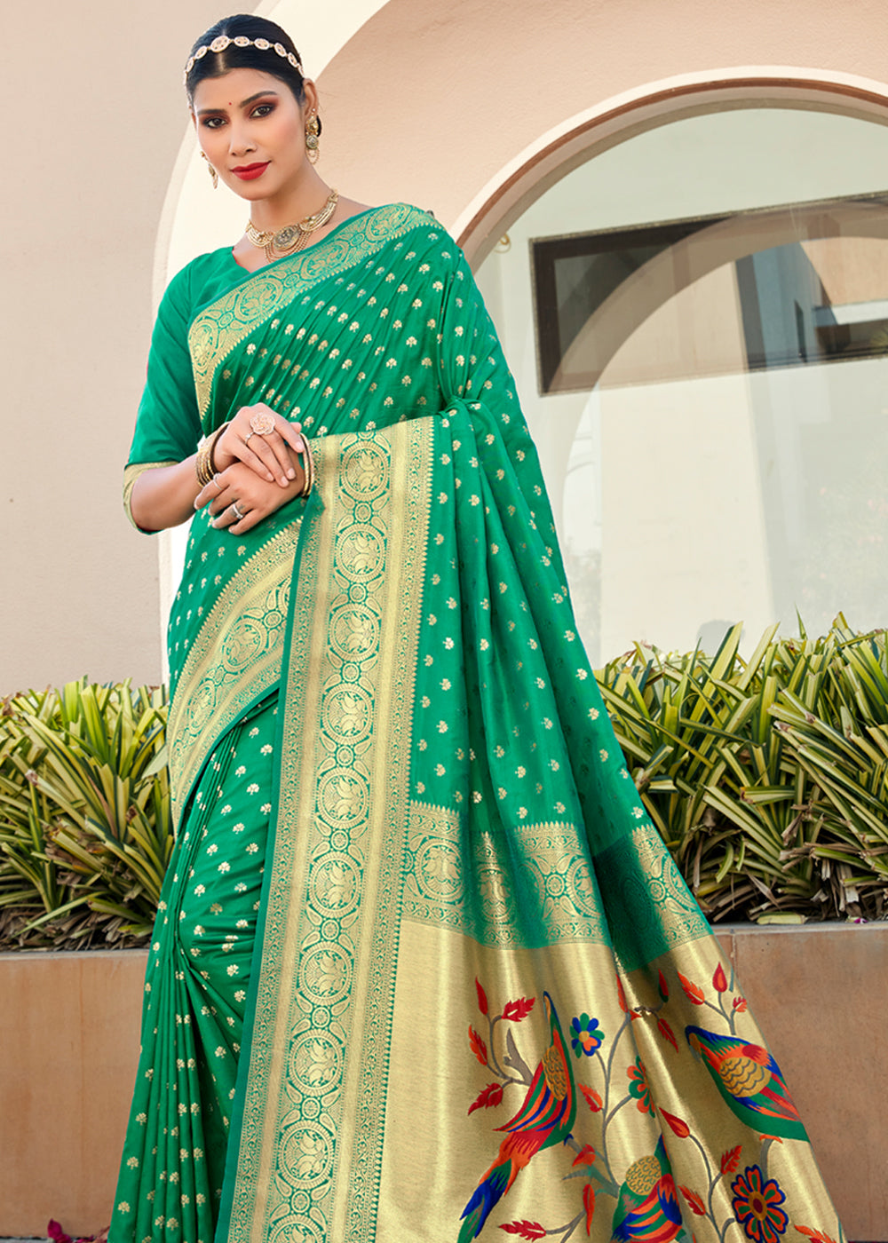 Buy MySilkLove Chateau Green Woven Paithani Silk Saree Online