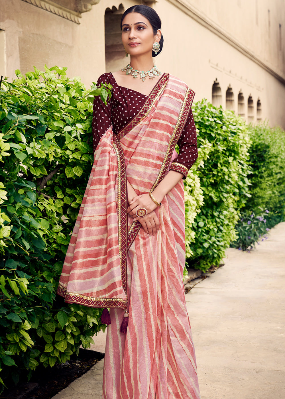 Buy MySilkLove Melon Pink Digital Printed Lehriya Silk Saree Online