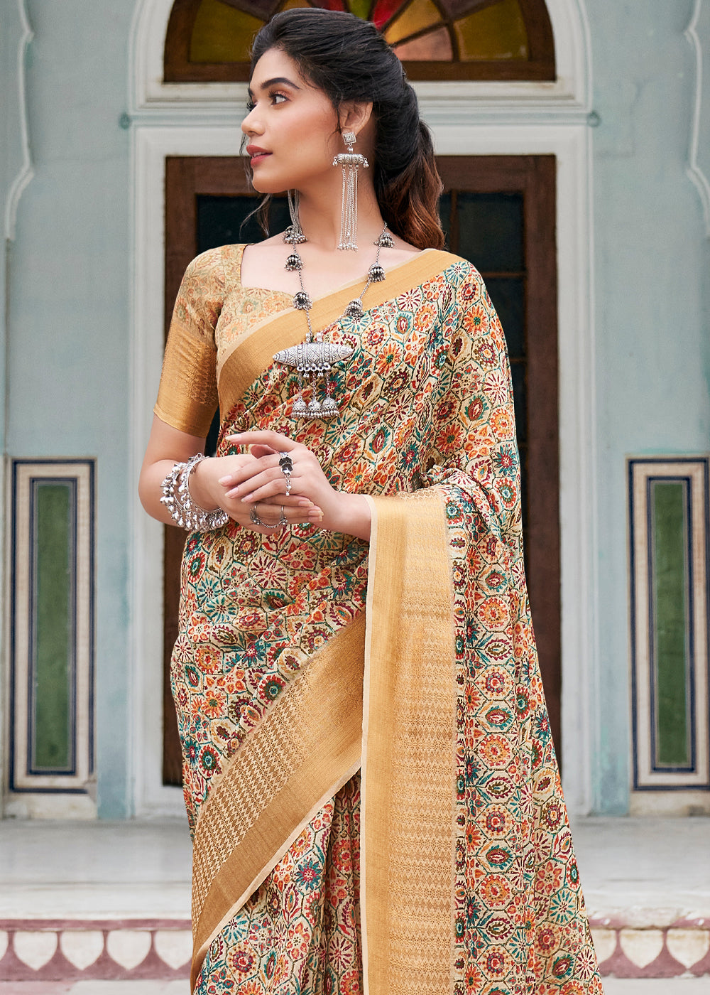 Buy MySilkLove Harvest Gold Cream Banarasi Printed Saree Online