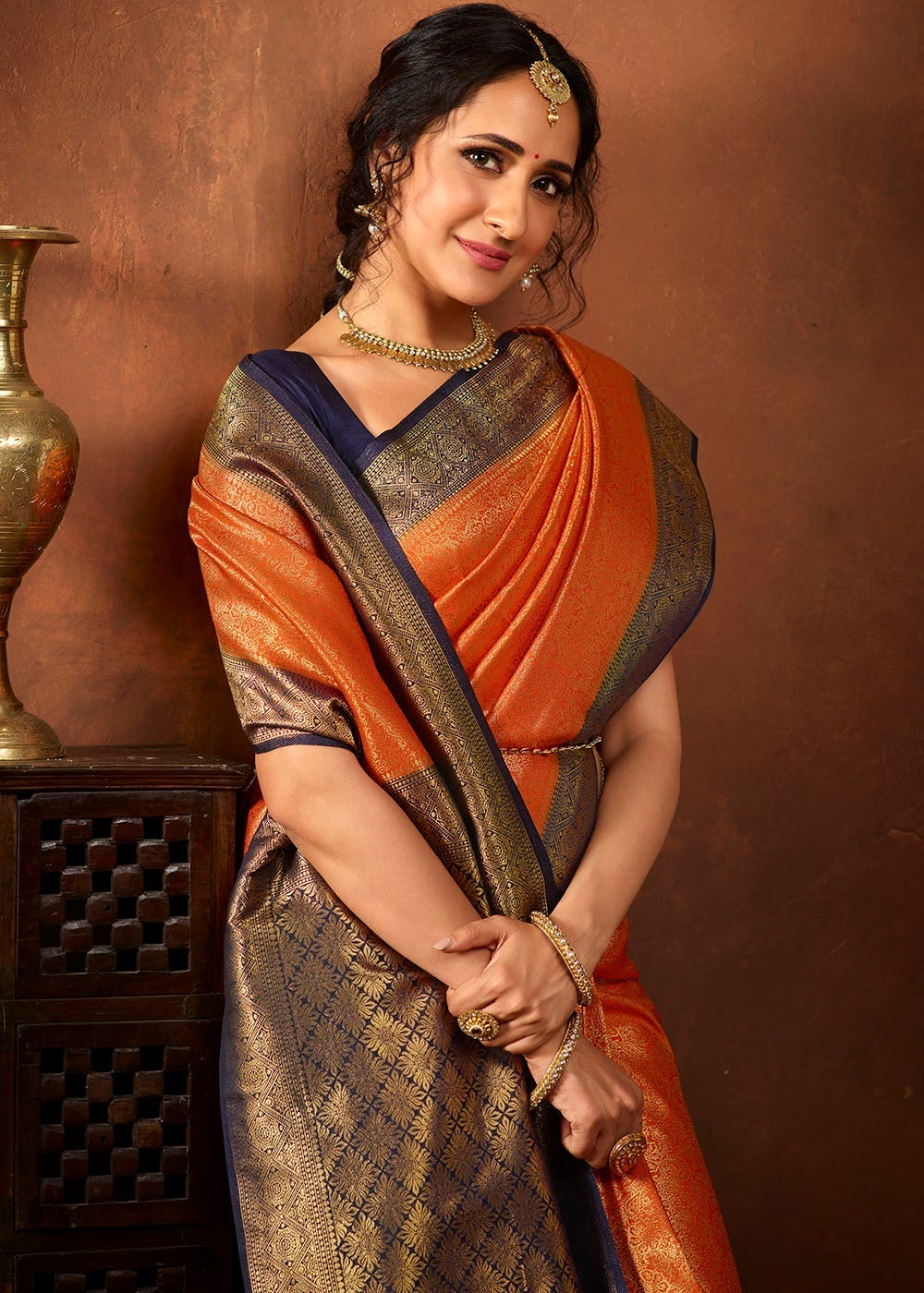 Buy MySilkLove Pea Orange and Blue Zari Woven Kanjivaram Saree Online