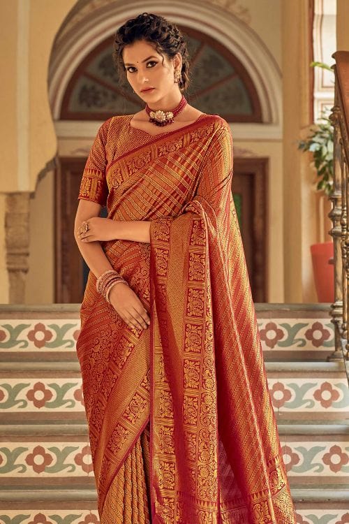 Buy MySilkLove Cognac Brown Zari Woven Tanchui Kanjivaram Fusion Silk Saree Online