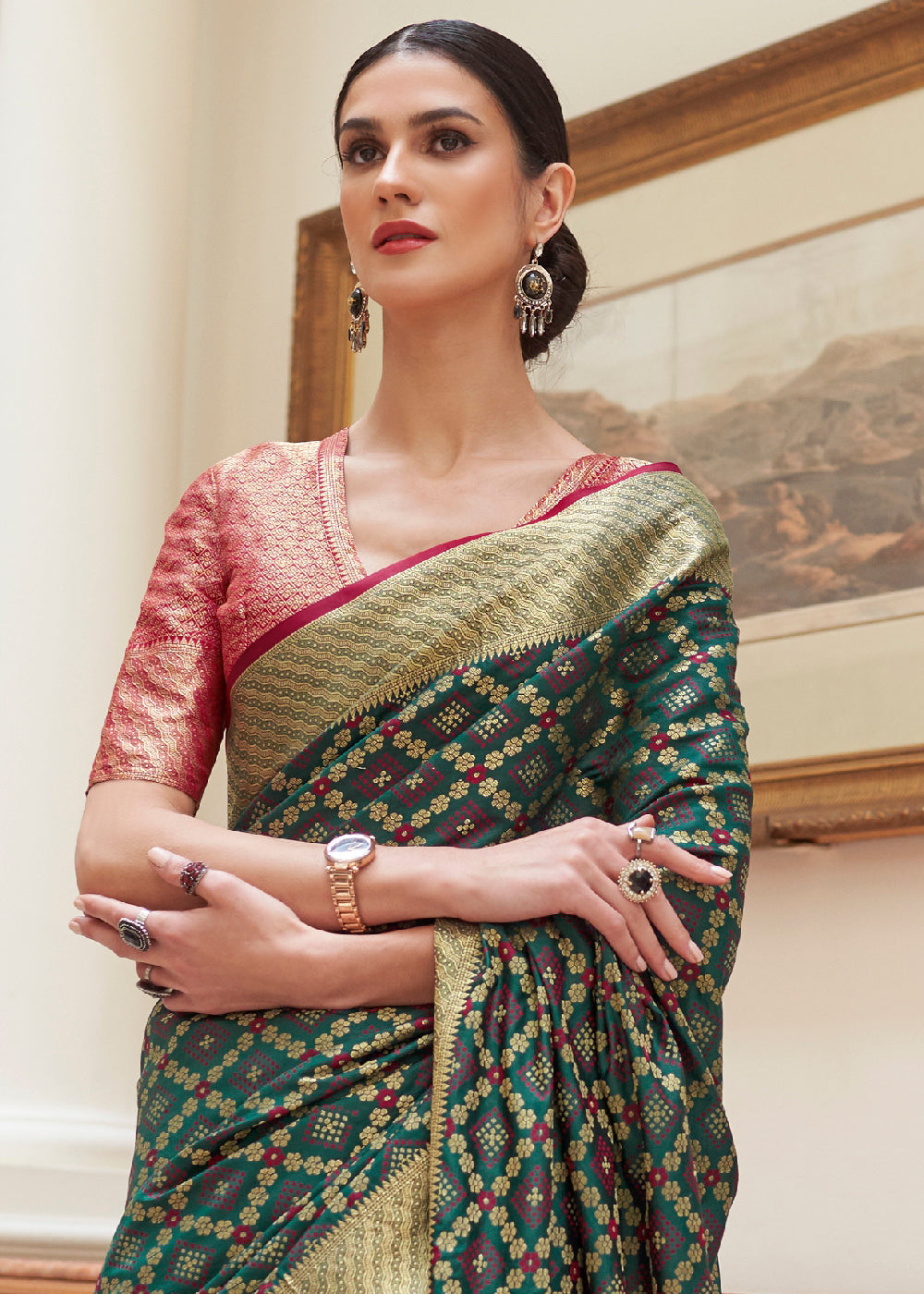 Buy MySilkLove Mineral Green and Red Woven Handloom Patola Saree Online