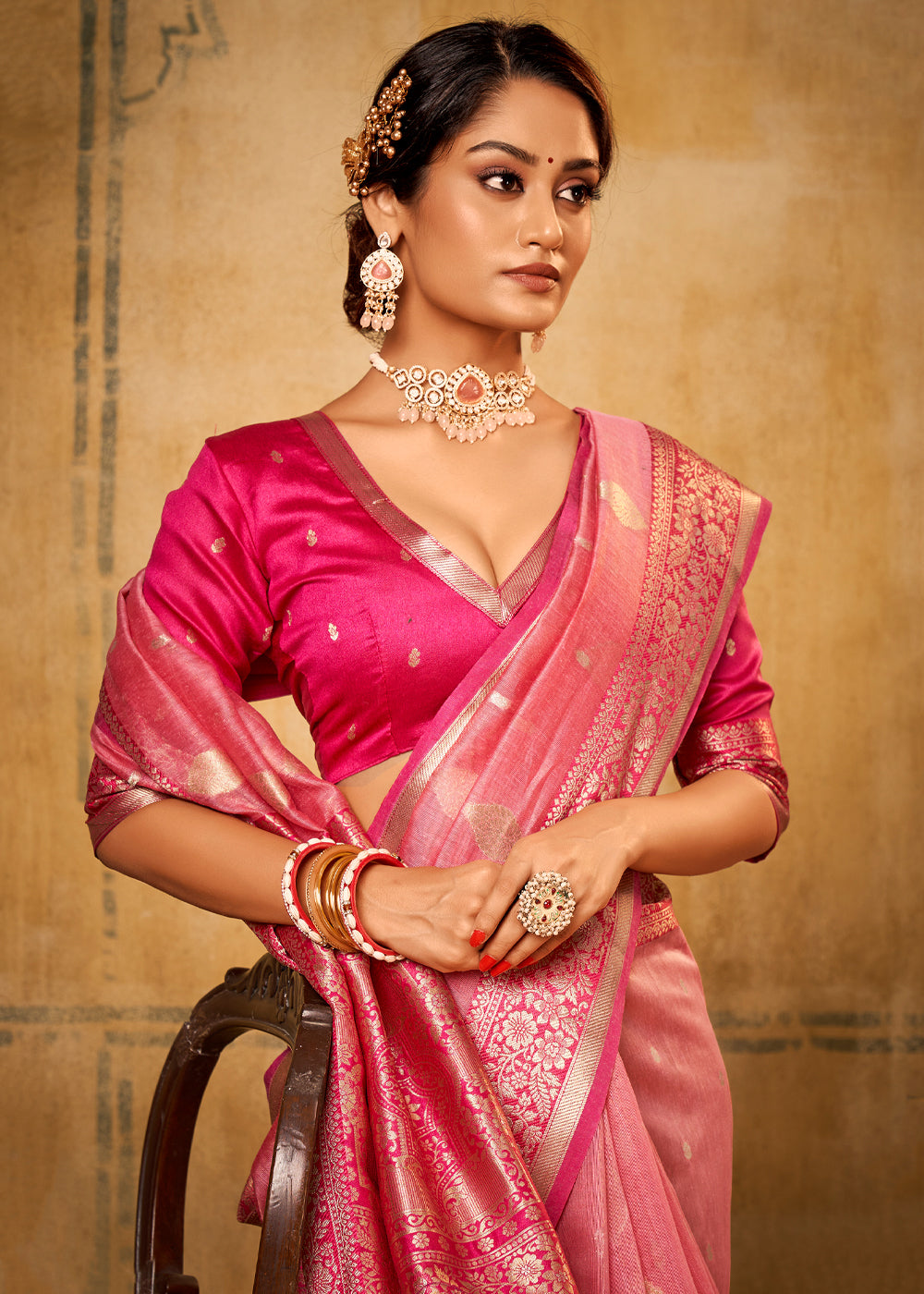 MySilkLove Brink Pink Woven Banarasi Silk Saree