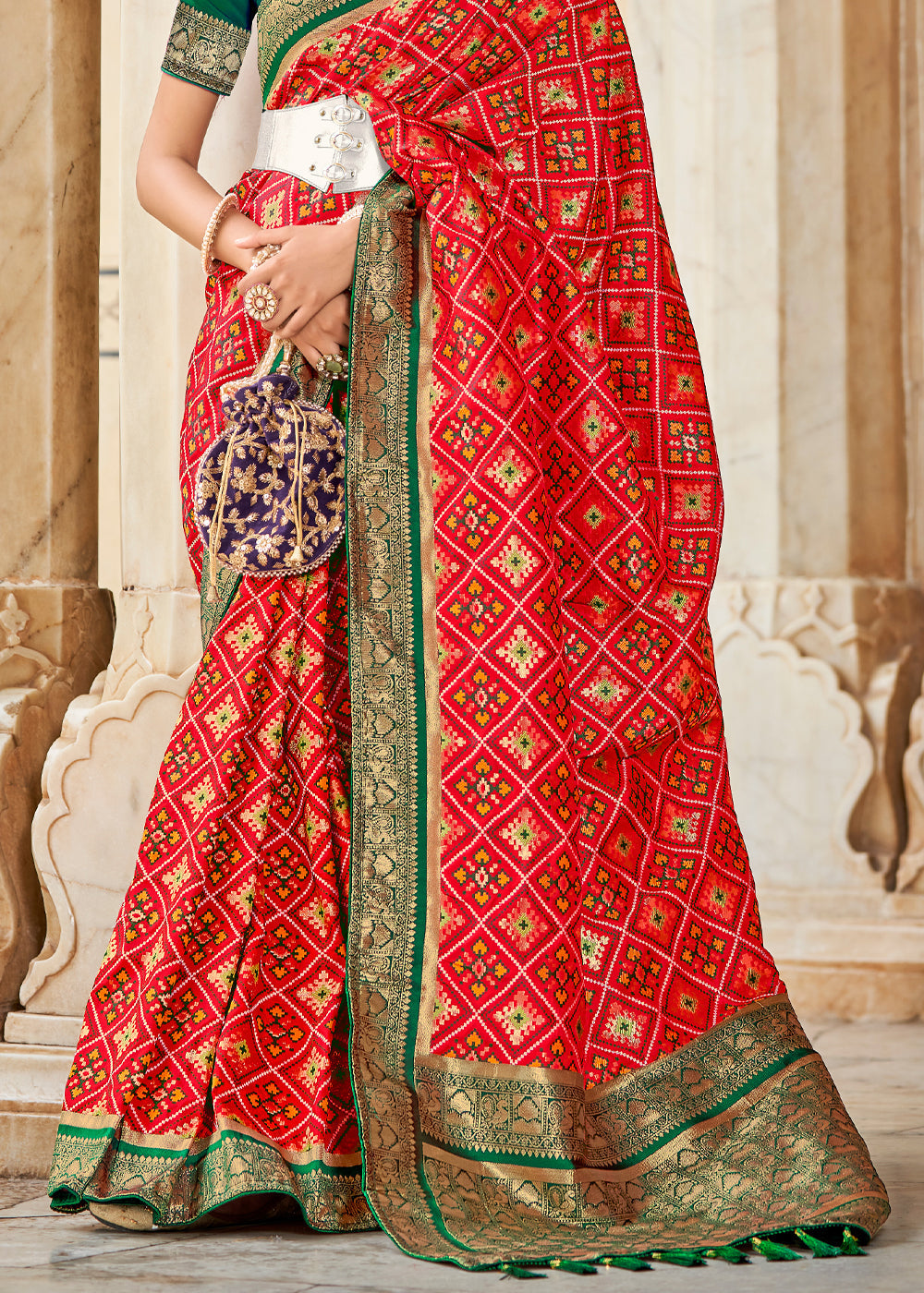 Buy MySilkLove Valencia Red and Green Zari Woven Patola Saree Online