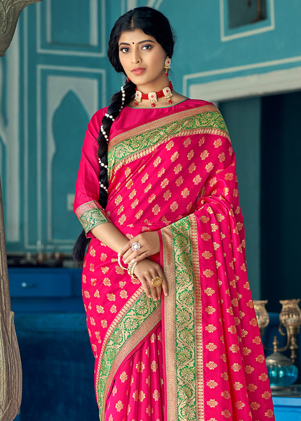 Buy MySilkLove Rose Pink and Green Zari Woven Banarasi Saree Online