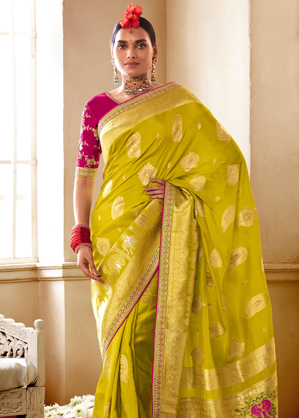 Buy MySilkLove Anzac Green and Red Banarasi Saree with Designer Blouse Online