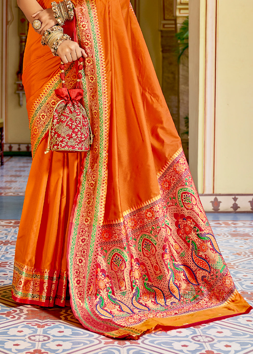 Buy MySilkLove Crusta Orange Zari Woven Banarasi Soft Silk Saree Online