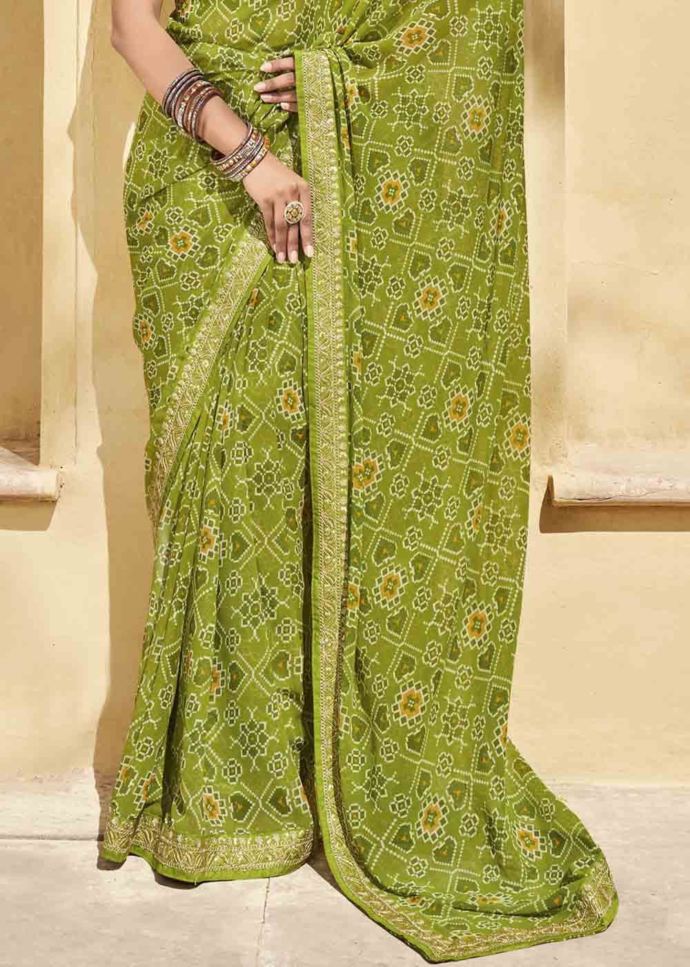 Buy MySilkLove Celery Green Patola Print Georgette Saree With Embroidered Blouse Online