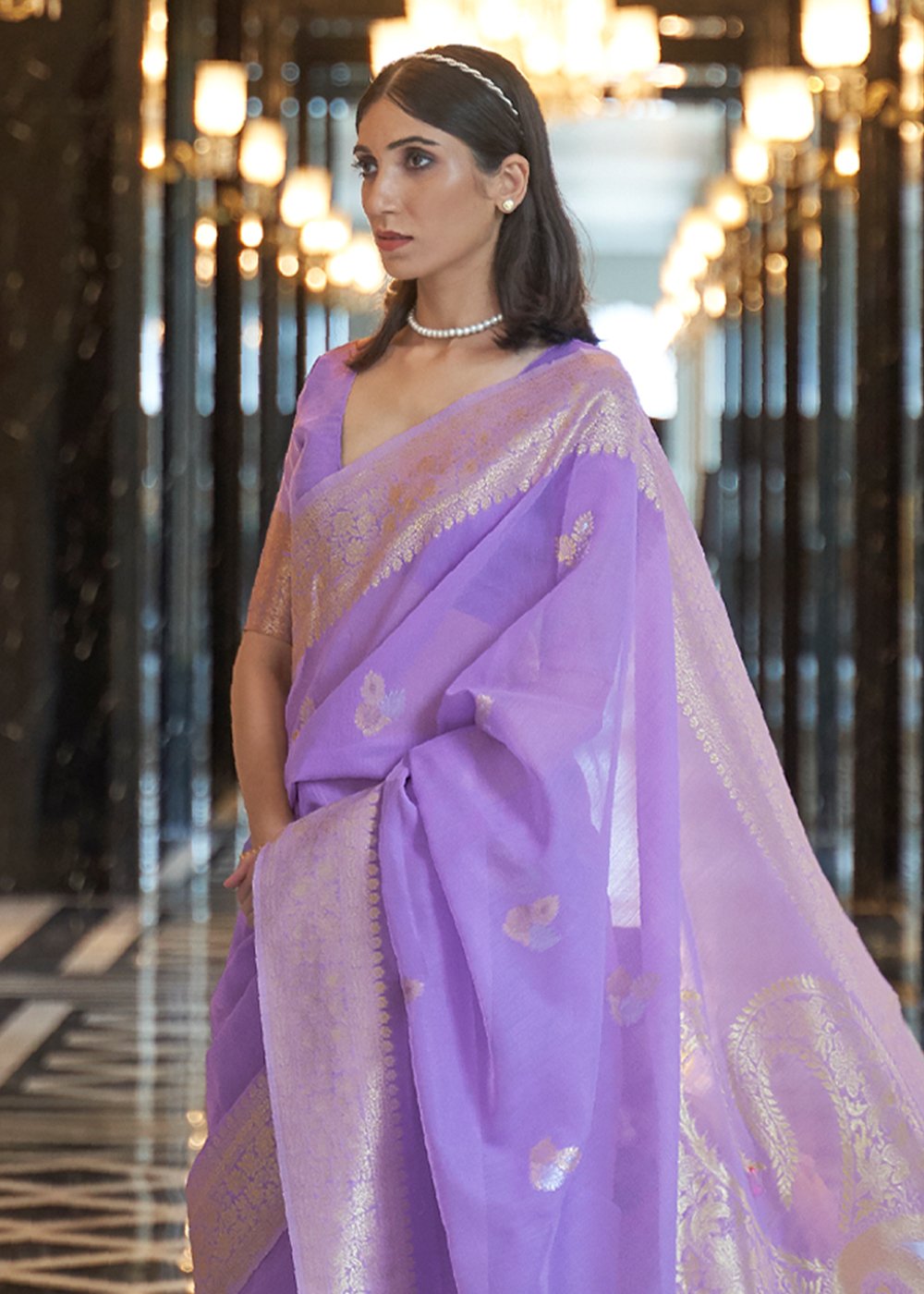 Buy MySilkLove East Side Purple Banarasi Linen Saree Online