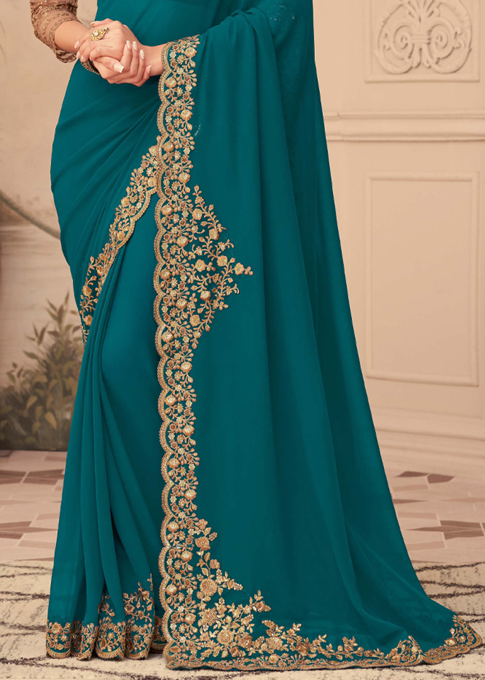 Buy MySilkLove Blue Stone Georgette Designer Saree with Embroidered Blouse Online