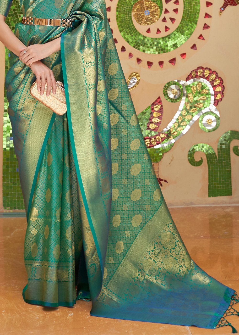 Buy MySilkLove Viridian Green Zari Woven Kanjivaram Saree Online