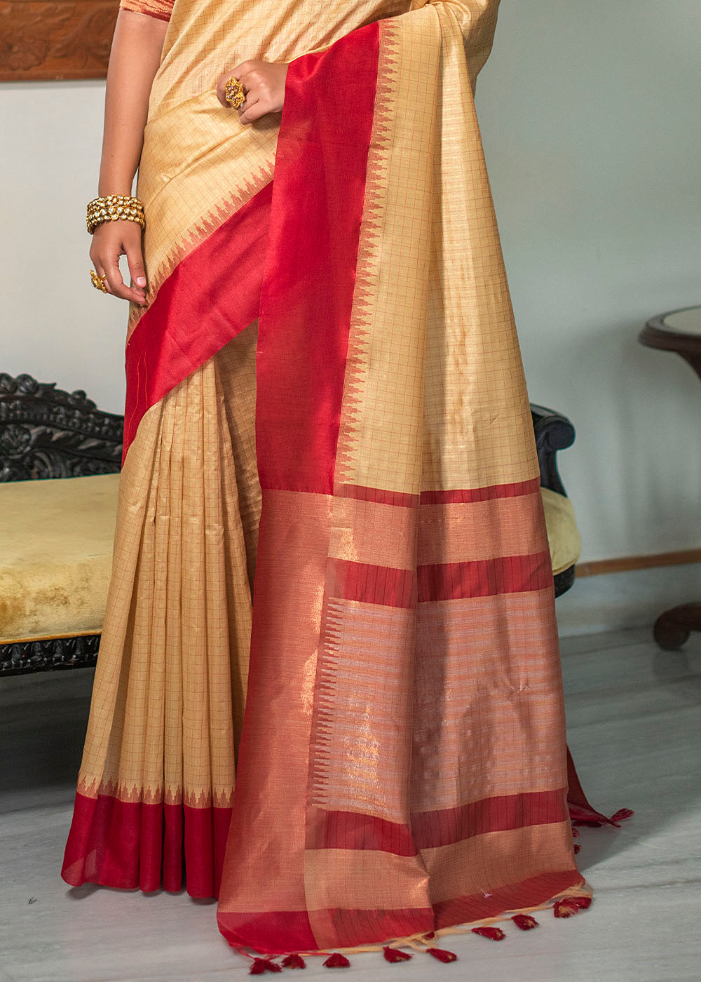 Buy MySilkLove Corvette Cream and Red Zari Woven South Silk Saree Online