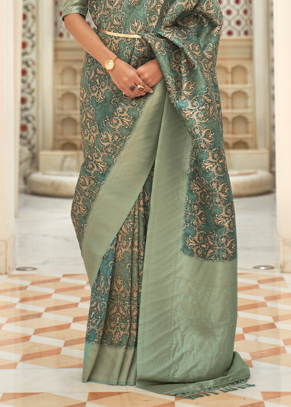 Buy MySilkLove Battleship Green Digital Print Saree Online