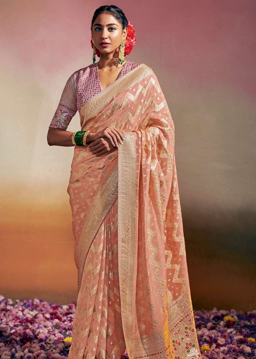 Buy MySilkLove Cashmere Peach Woven Banarasi Soft Silk Saree Online