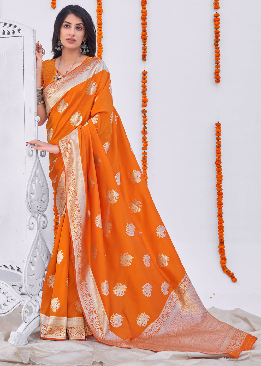 Buy MySilkLove Mango Orange Zari Woven Banarasi Silk Saree Online