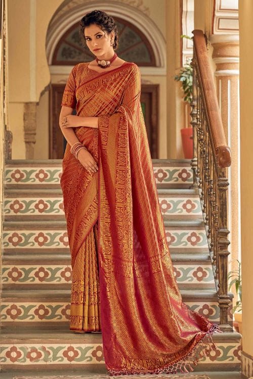 Buy MySilkLove Cognac Brown Zari Woven Tanchui Kanjivaram Fusion Silk Saree Online