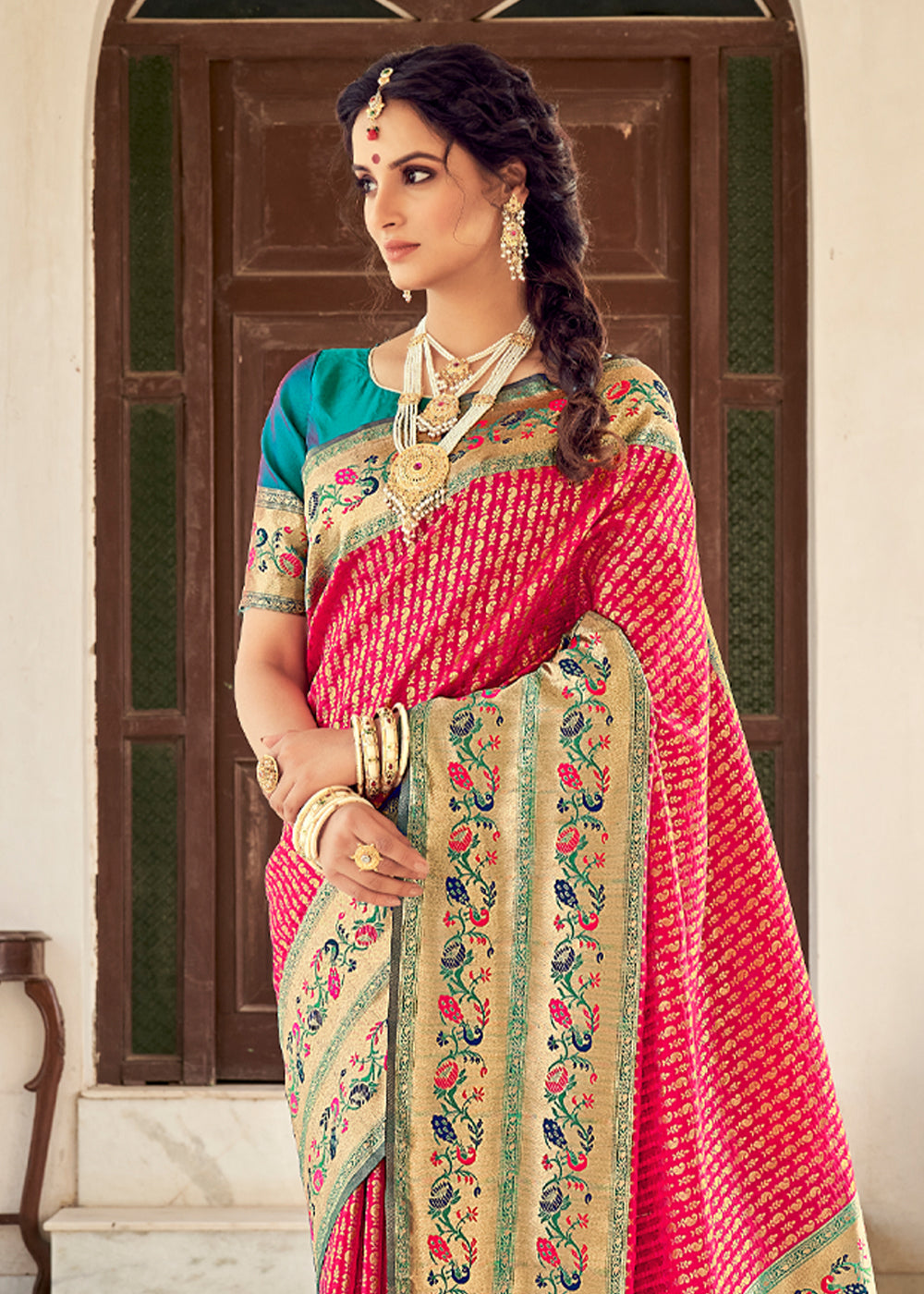 Buy MySilkLove Wild Pink and Blue Zari Woven Banarasi Brocade Saree Online