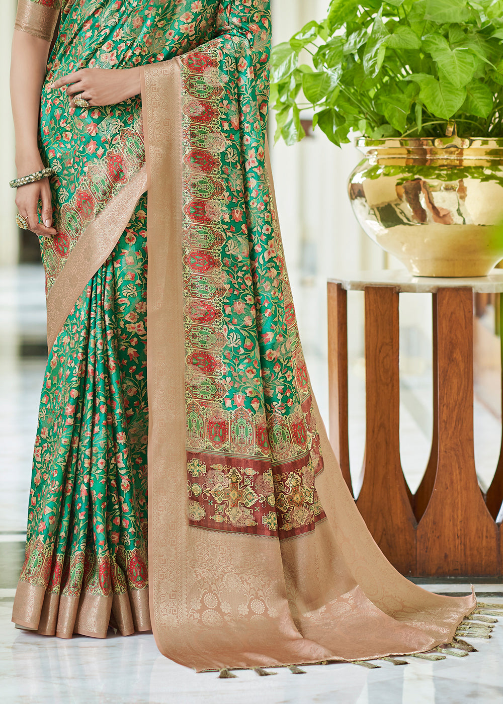 Buy MySilkLove Pine Green Banarasi Saree with Jamewar Print Online