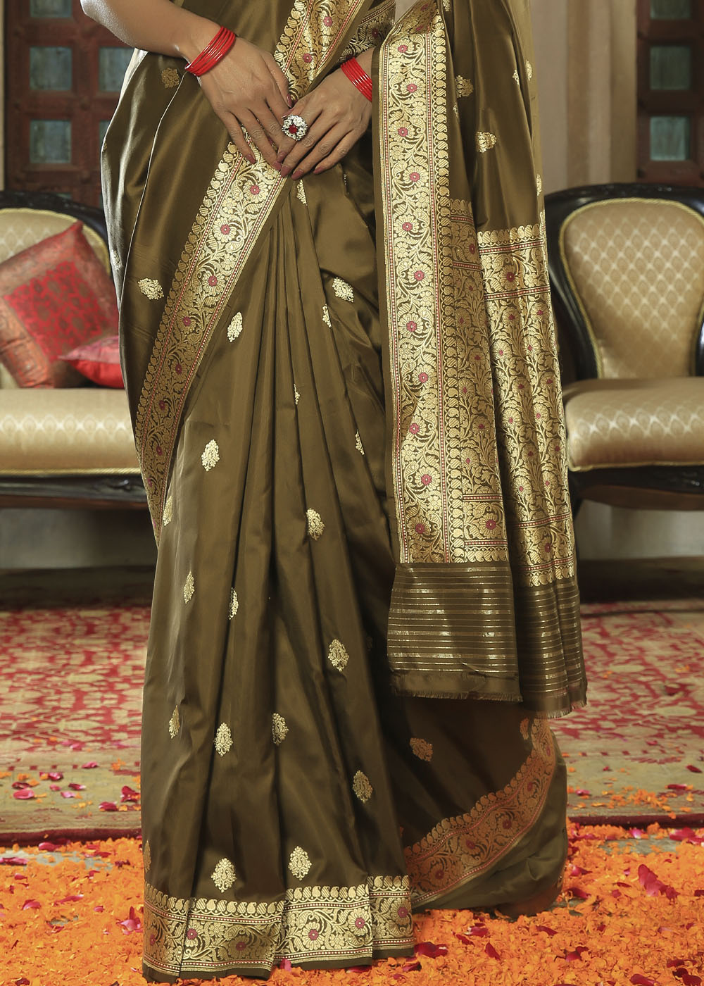 Buy MySilkLove Old Copper Brown Katan Pure Silk Handwoven Kadwa Booti Saree Online