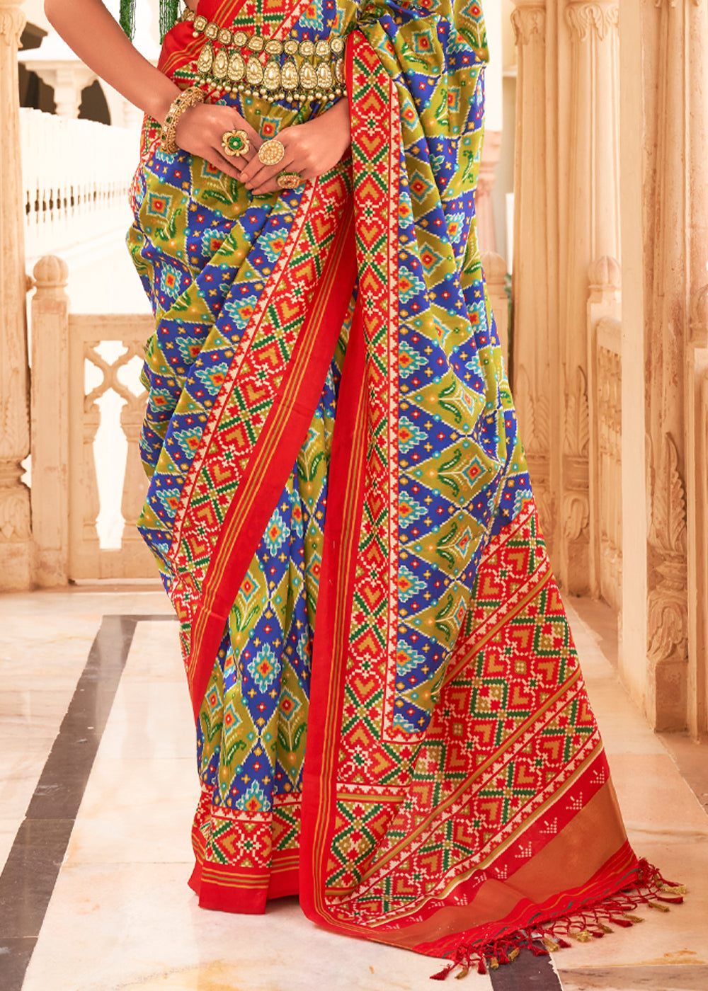 Buy MySilkLove Chambray Blue Green Red Printed Patola Tussar Saree Online