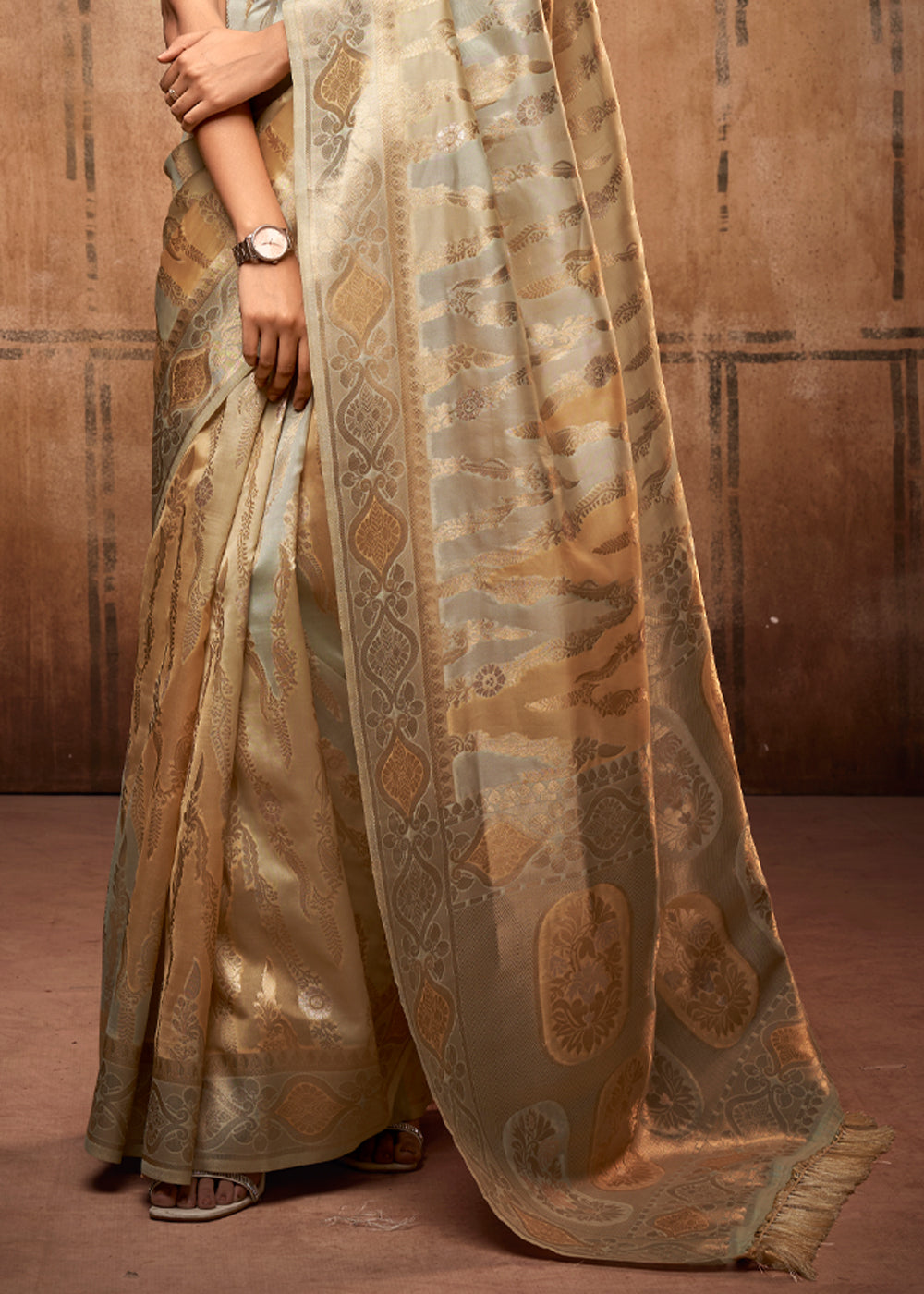 Buy MySilkLove Taupe Green Zari Woven Banarasi Organza Saree Online