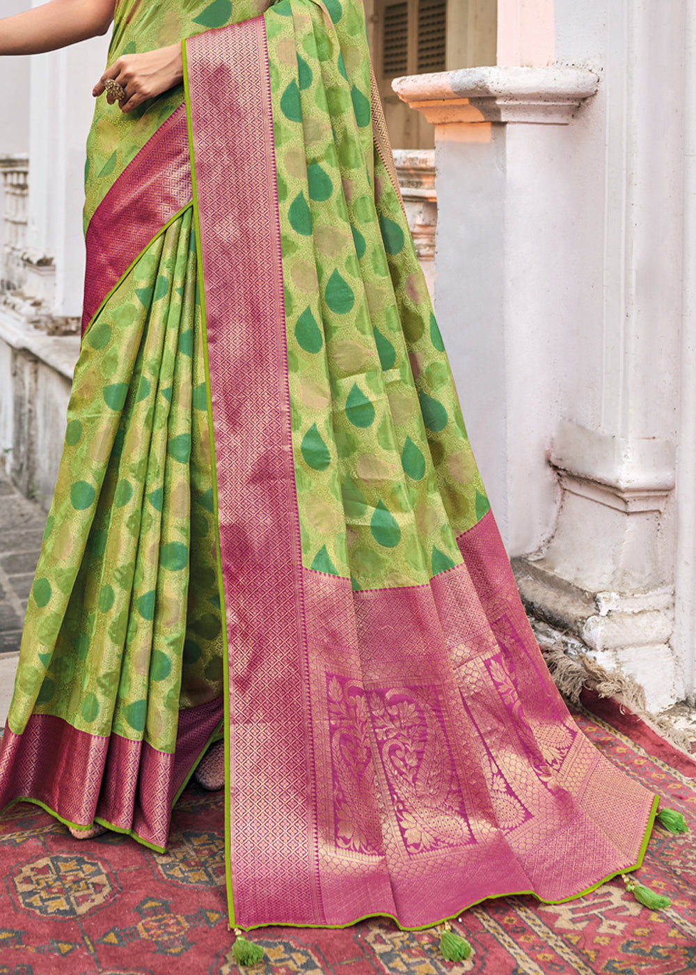 Buy MySilkLove Celery Green and Pink Woven Organza Banarasi Silk Saree Online