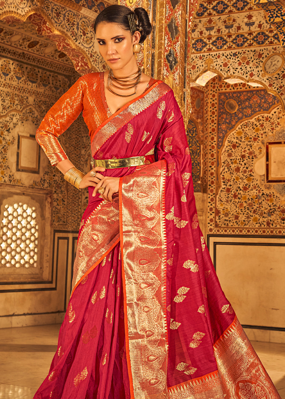 Buy MySilkLove Rusty Red Banarasi Tussar Woven Silk Saree Online