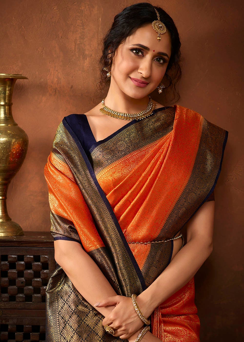 Buy MySilkLove Pea Orange and Blue Zari Woven Kanjivaram Saree Online