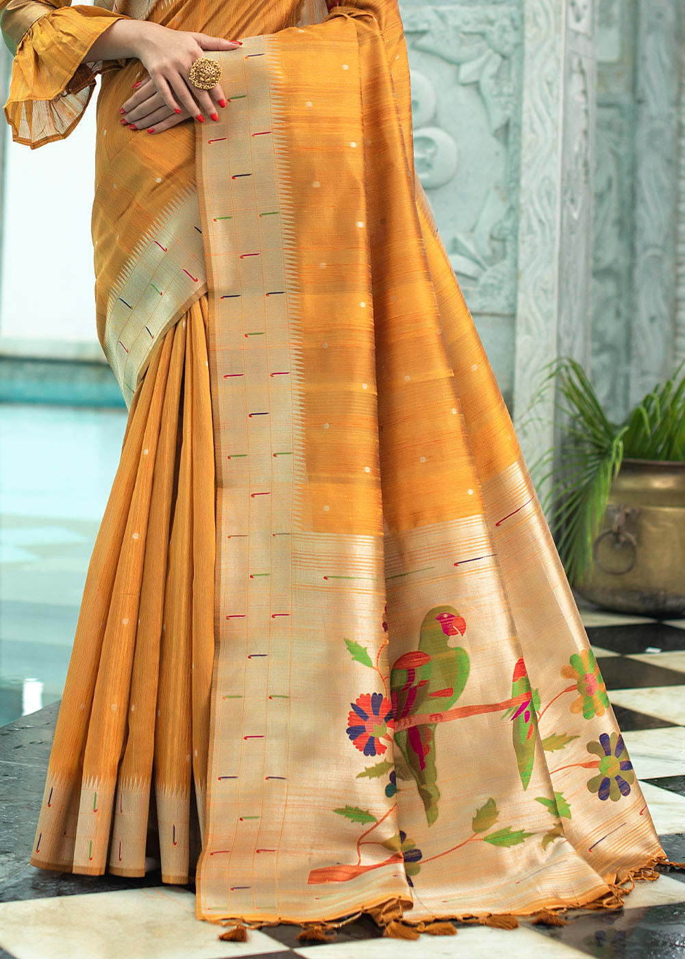 Buy MySilkLove Koromiko Yellow Zari Woven Tussar Paithani Silk Saree Online