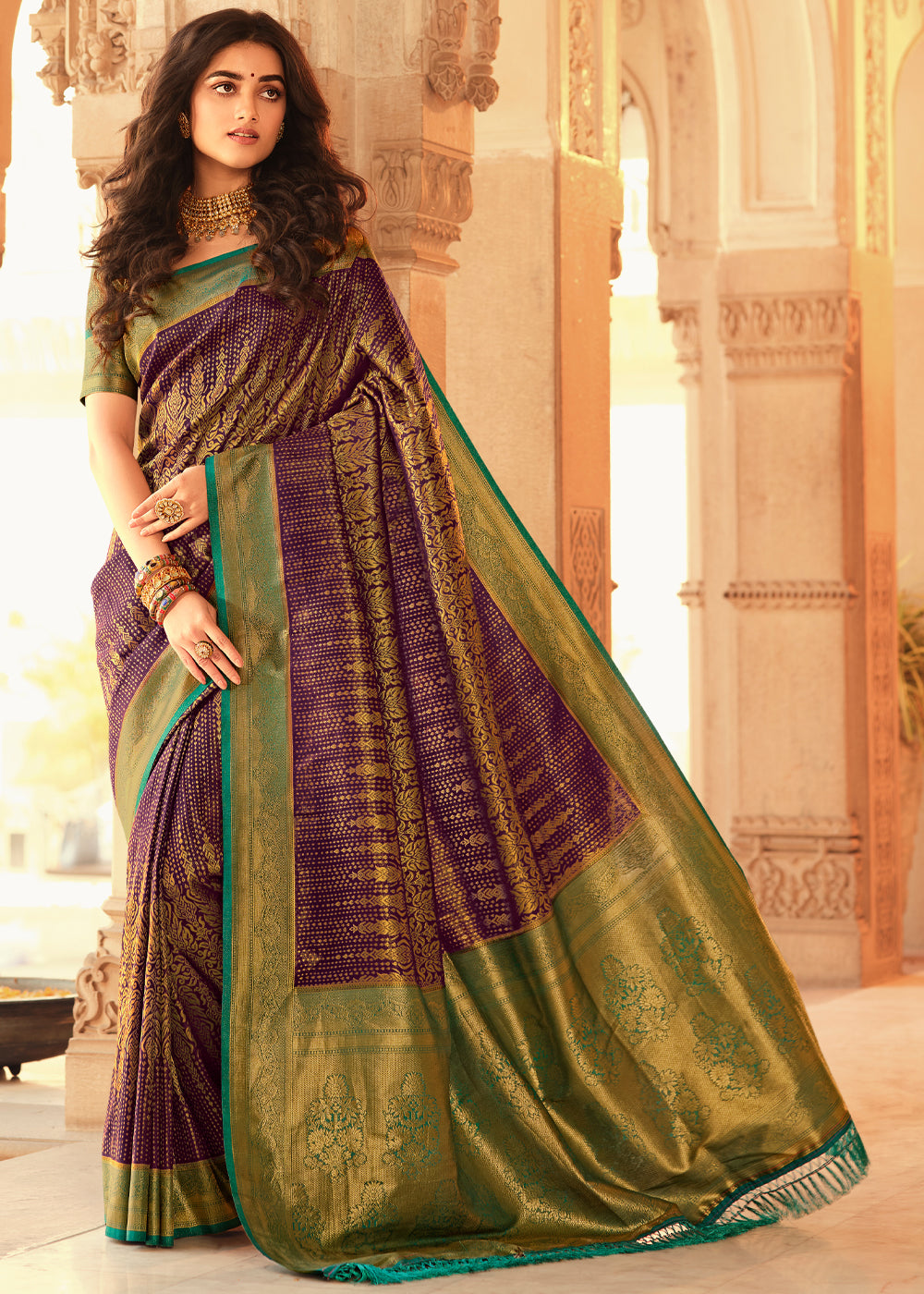 Buy MySilkLove Spicy Purple and Green Zari Woven Kanjivaram Saree Online