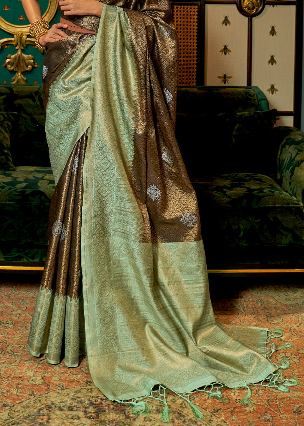 Buy MySilkLove Clinker Brown and Green Zari Woven Banarasi Tussar Saree Online