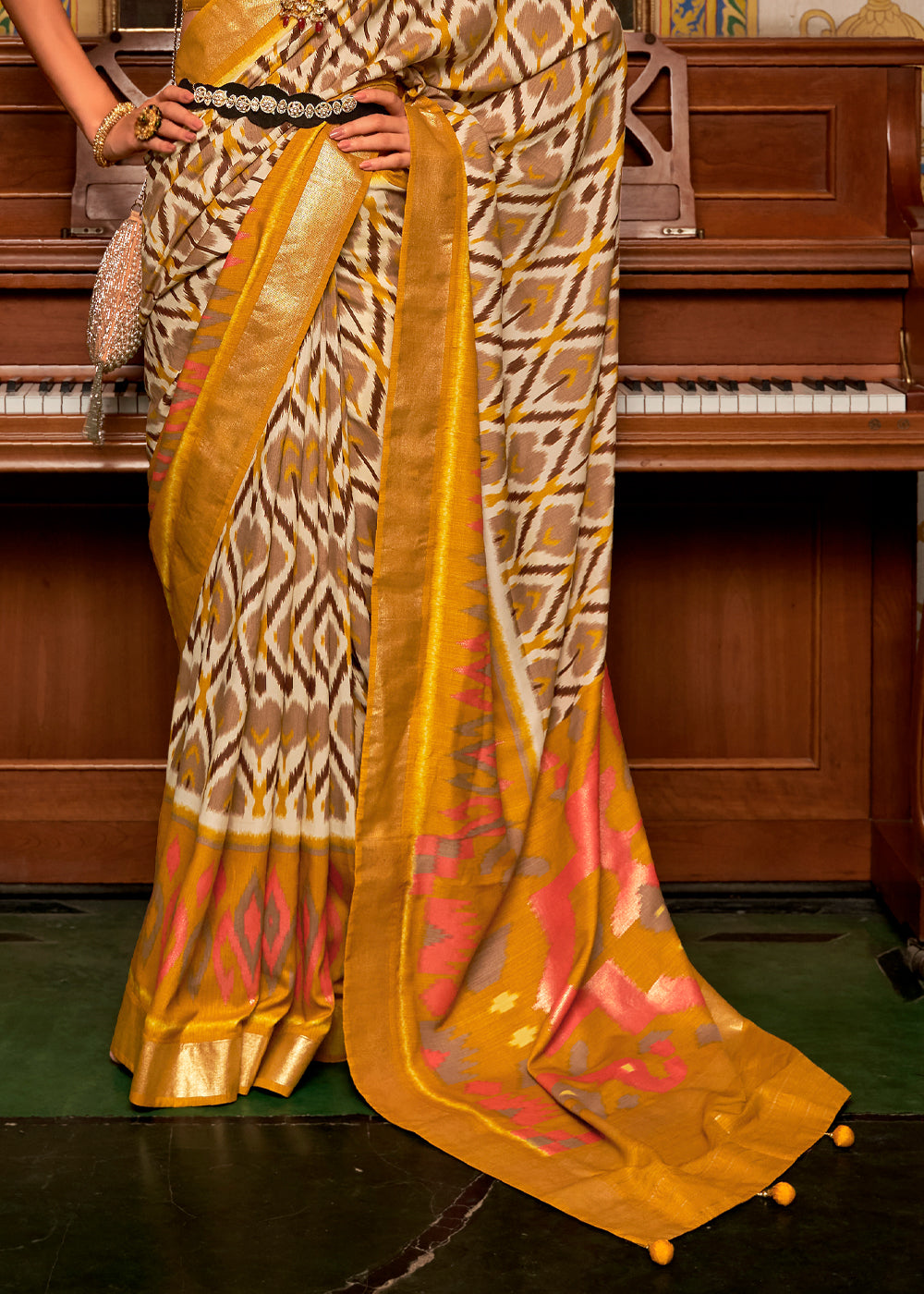 Buy MySilkLove Brandy White and Yellow Patola Silk Saree Online