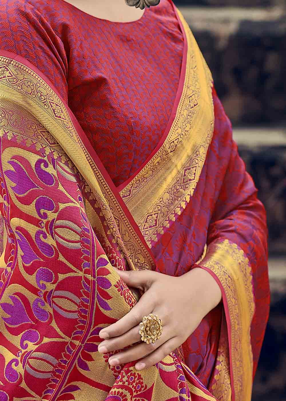 Buy MySilkLove Sweet Red and Purple Zari Woven Banarasi Silk Saree Online