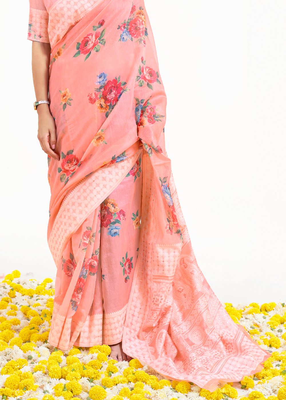 Buy MySilkLove My Pink Zari Woven Digital Printed Linen Saree Online