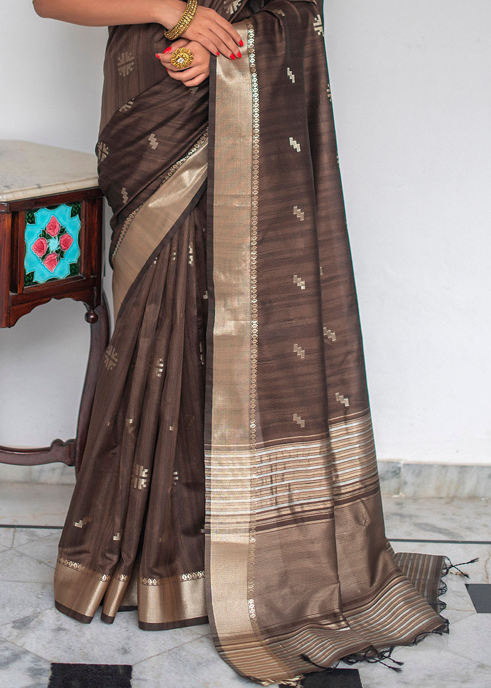 Buy MySilkLove Rock Brown Zari Woven Tussar Silk Saree Online