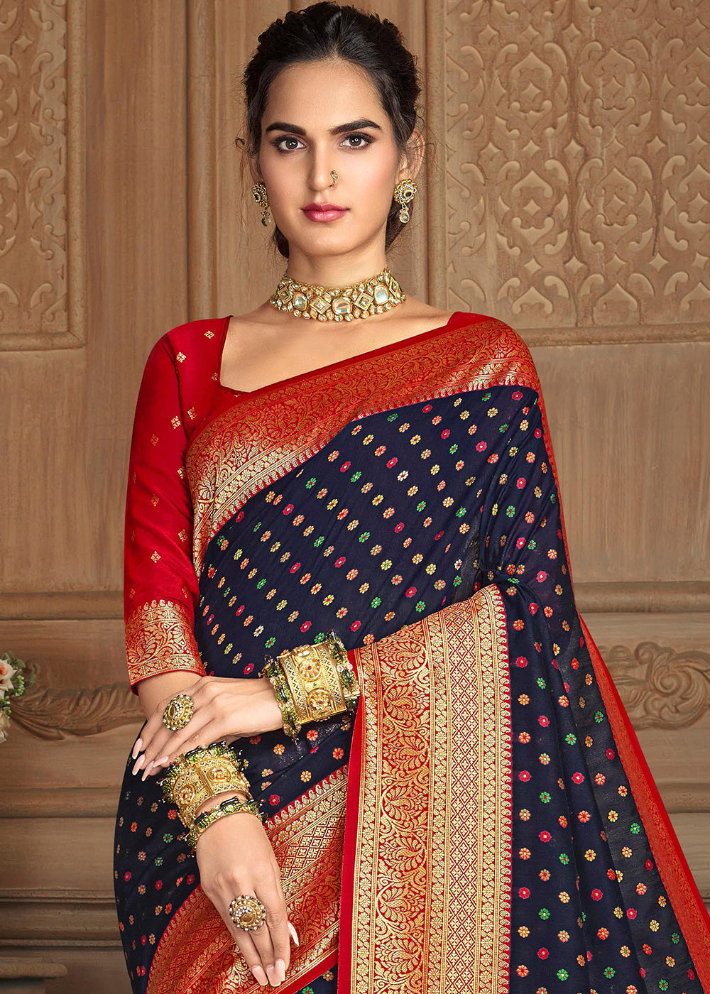 Buy MySilkLove Steel Blue and Red Zari Woven Banarasi Saree Online