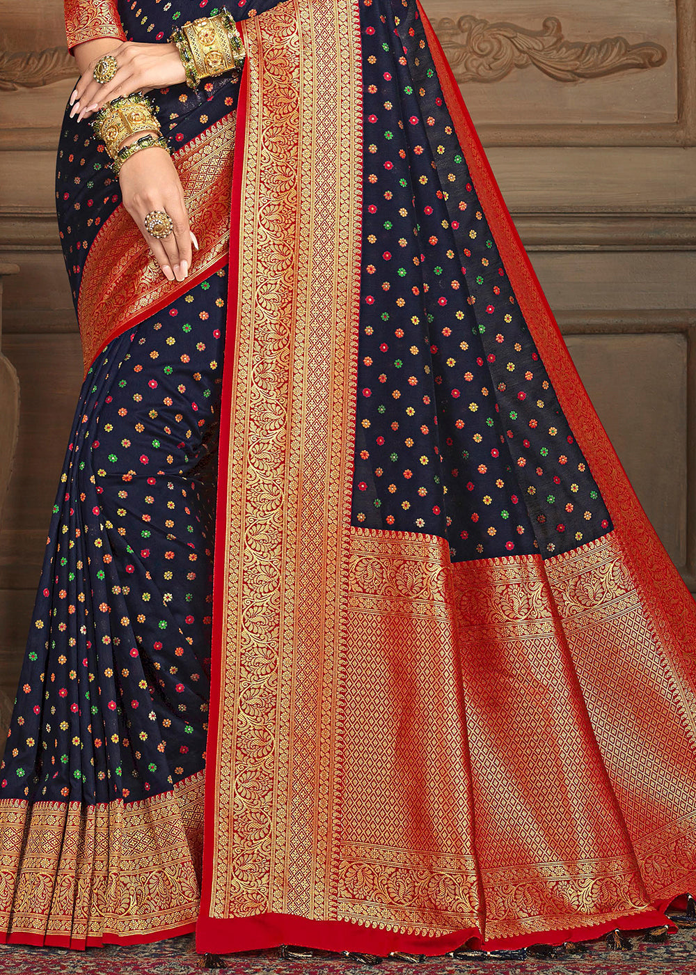 Buy MySilkLove Steel Blue and Red Zari Woven Banarasi Saree Online