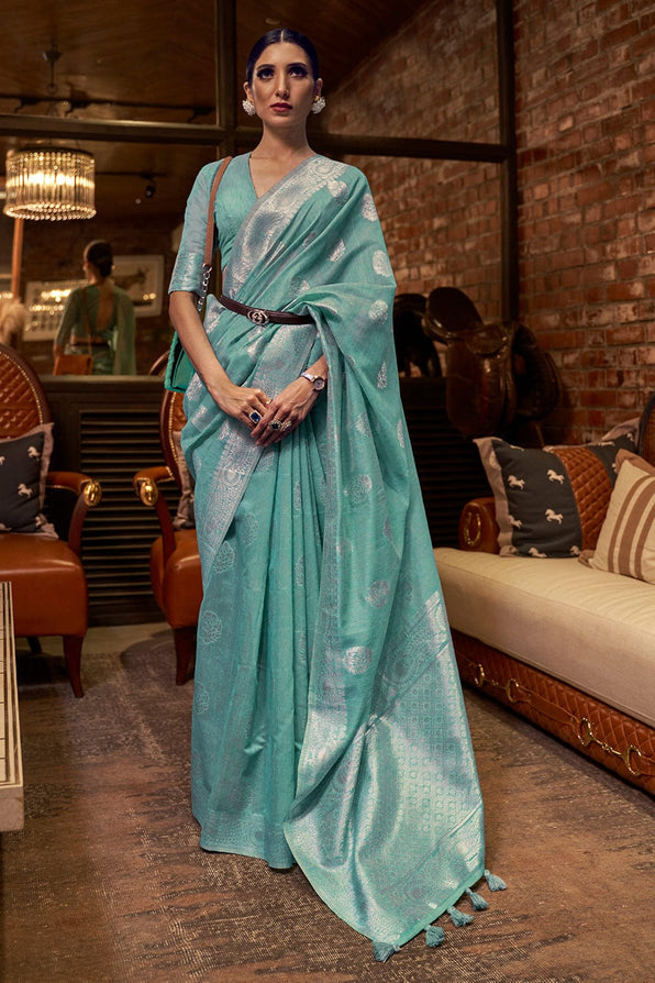 Buy MySilkLove Polished Pine Blue Zari Woven Linen Saree Online